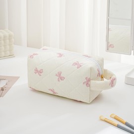 HHQQWZ Makeup Bag Travel Cosmetic Bag for Women, Zipper Make Up Pouch, Floral Flowers Toiletry Organizer Makeup with Handle, Cosmetic Travel Cloth Bag (Pink Bow Tie)