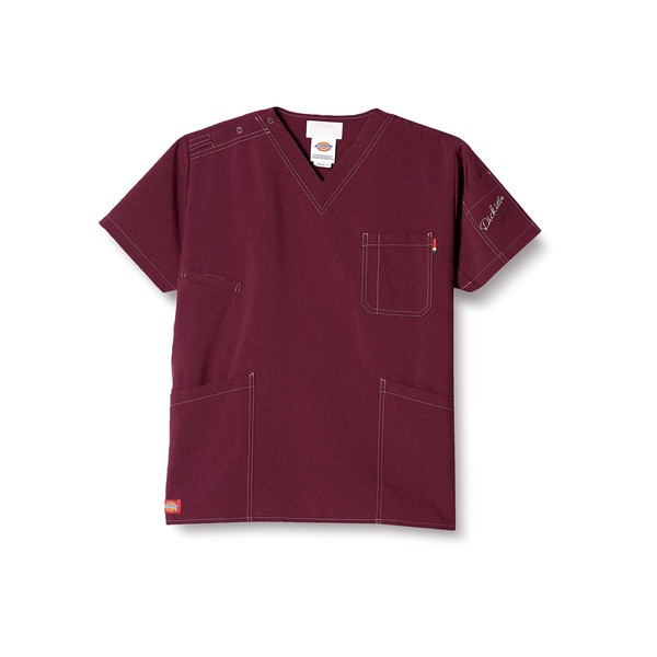Dickies 7061SC Men's Scrub, Double Stitched, Denim-like Medical Lab Coat, Medical Stretch, red (burgundy)