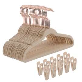 Tonswachic Kids Velvet Hangers 50 Pack - 14" Inch Premium Non Slip Baby Felt Hangers for Clothes - Ultra Thin Kids Hangers for Youth Childrens' Closet with 10 Hanger Clips - Beige