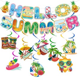 31pcs Summer Party Decorations Hawaiian Luau Party Hanging Swirls Hello Summer Banner Summer Tropical Beach Birthday Party Supplies Decorations