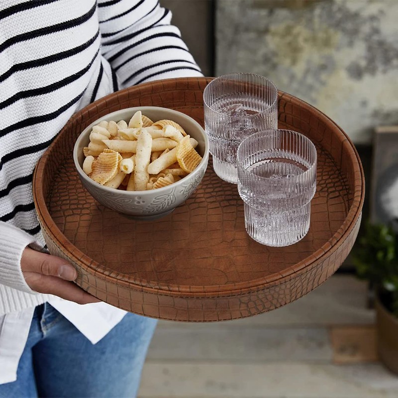 HofferRuffer Faux Leather Round Serving Tray, Vegan Croco Leather Decorative