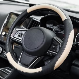 JNNJ Steering Wheel Cover Car, Steering Wheel Cover Leather 37-38cm, Sport Anti-Slip Breathable Steering Wheel Cover, Comfortable Protective Interior Accessories for Women Men(Black/Beige)