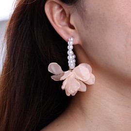 Sttiafay Vintage Pearl Flower Hoop Earrings Fabric Flower Dangle Earrings Large Circle Pearl Hoop Earrings Pink Fabric Floral Earrings Wedding Pearl Earrings Jewelry for Women