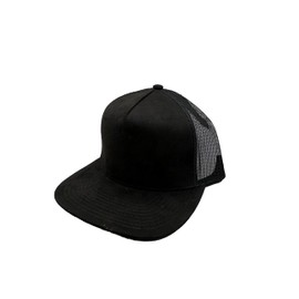 Ashen Fane Faux Suede Polyester Blend 5 Panel Classic Flat Visor Adjustable Snapback Mesh Back Trucker Hat, Black