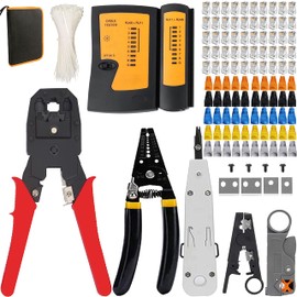 TAIWAIN RJ45/RJ12 cat5 cat6 Crimp Tool Pass Through Crimper with 50pcs Connetors and 50pcs Covers Cable Tester Cutter Set, Network Multi-Function Cable Crimping tool(Red)