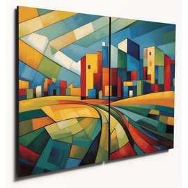 The Plum Penguin Cubist Prairie Landscape Wall Art, Dual A4 MDF Wood Panels, Picasso-Inspired Home Decor Canvas Alternative 40 x 30cm