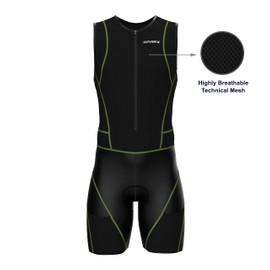 Sparx Men Competitor Triathlon Suit Mens Trisuits | Italian Technical Fabric | Soft Chamois | 4 Pockets | Bike-Swim-Run (Green Seams, Small)