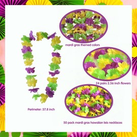 50 Pack Mardi Gras Flower Leis Necklaces Bulk, Red Green Yellow Mardi Gras Hawaiian Leis For Mardi Gras Party Decorations, Gaysby Themed Party, Masquerade Costume Accessories