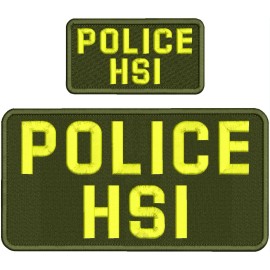 POLICE H S I EMBROIDERY PATCH 5X10 AND 2.5X5 HOOK ON BACK YELLOE ON OD GREEN