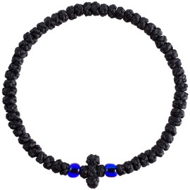 Pndeyo Orthodox Prayer Rope, Thicken Christian Greek Prayer Rope with Blue Beads, Handmade Orthodox Bracelet Blessing Cross Tassel Car Hanging Charms for Women & Men- Black