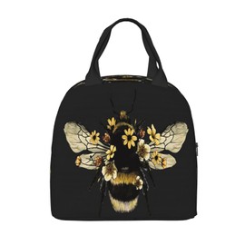 JIMOWANG Bee Black Portable Lunch Bag Compact Tote Bag Reusable Lunch Box Container for School Office Work