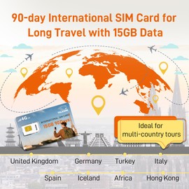 International Data SIM Card 15GB 90 Days, 4G LTE Travel SIM Card Supported 45 Countries USA/UK/Europe/Asia/Africa, Perfect for Europe Travel, Business Trip and Study Abroad, No Contract