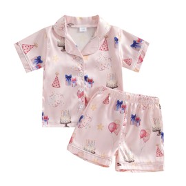 Kavousa Toddler Pajamas Baby Girl Boy Summer Butterfly/Fruit Print Silk Pjs Sleepwear Nightwear Loungewear Pj Set (Birthday Pjs A, 5-6 Years)