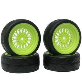 KEEDA RC Car Tyres and Wheels Set, 64 mm Rubber Tyres & 12 mm Hex Plastic Wheel for 1/10 RC On-Road Touring Racing Car (Green)