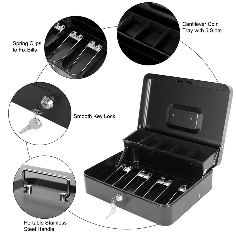 Cash Box with Lock Key and Money Tray - Large