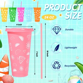 Skylety 12 Pieces 24 oz Hawaiian Tropical Party Cups Luau Tumbler Cups with Straw and Lid Reusable Plastic Drinking Mug for Beach Hawaiian Luau Tiki Party Supplies Drinkware Decorations