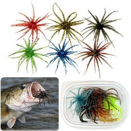 6Pcs Sea Urchin Bait, Realistic Fuzzy Dice Fishing Lure for Bass & Perch, Floating TPR Swimbait with Reflective Stars, Sea Urchin Style Finesse Bait for Freshwater, Trout & Crappie with Tackle Box