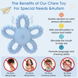 Vibrating Chew Toys for Autistic Children, Dual Use Sensory Chew Teething Toys for Baby, 3 Vibration Modes, Easy to Grip Autism Sensory Equipment, Portable Teether for Special Needs Kids, ADHD (Blue)