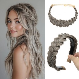 CJL HAIR 2PCs Braided Headbands Hair Piece for Women Synthetic Hair Hoops Head Bands Handmade Braid Hairband Accessories Elastic Stretch Headwrap for Girl Ash Grey