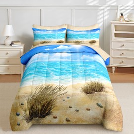 Nesker 5 Pcs Comforter Set Twin Size, Coastal Beach Seascape Scenery Bedding Set for Kids and Adults, Blue Ocean Seaside Seaweed Summer Bed Sheet Sets with Fitted Sheet Pillowcases & Shams