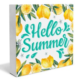 Lemon Decor Hello Summer Wood Block Sign Summer Decorations for Home Kitchen 5 x 5 Inches