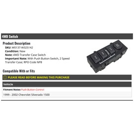 Marketplace Auto Parts 4WD Transfer Case Switch - Compatible with 1999-2002 Chevy Silverado 1500 (with Push Button Switch, 2-Speed Transfer Case, RPO Code NP8)