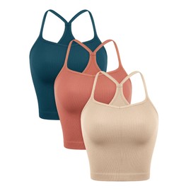 ODODOS Seamless Sweetheart Neck Crop Tank for Women Ribbed Strappy Racerback Cropped Cami Tops, 3-Pack, Beige+Coral+Teal, X-Small-Small