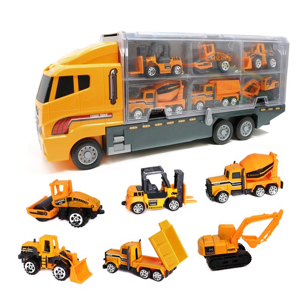 Smart Novelty Die Cast Emergency Trucks Vehicles Toy Cars Play Set in Carrier Truck - 7 in 1 Transport Truck Emergency Car Set for Kids Gifts (Construction Vehicle Set)