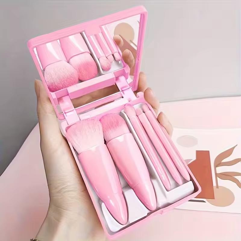 5-Piece Travel Makeup Brush Set with Mirror for Daily Touch-Ups