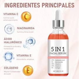 2PC Suero facial antienvejecimiento 5 en 1, Suero facial 5 en 1，suero facial con vitamina C, ácido hialurónico y niacinamida, reafirma la piel, reduce las arrugas y unifica el tono de la piel