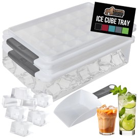 GORILLA GRIP BPA-Free Easy Release Ice Cube Tray for Freezer, Make Lots of Ice, 56 Cubes Total, Kit Includes 2 Stackable Leakproof Trays with Lid and Soft Handle Grips, Scooper, Bin, For Coffee, Gray