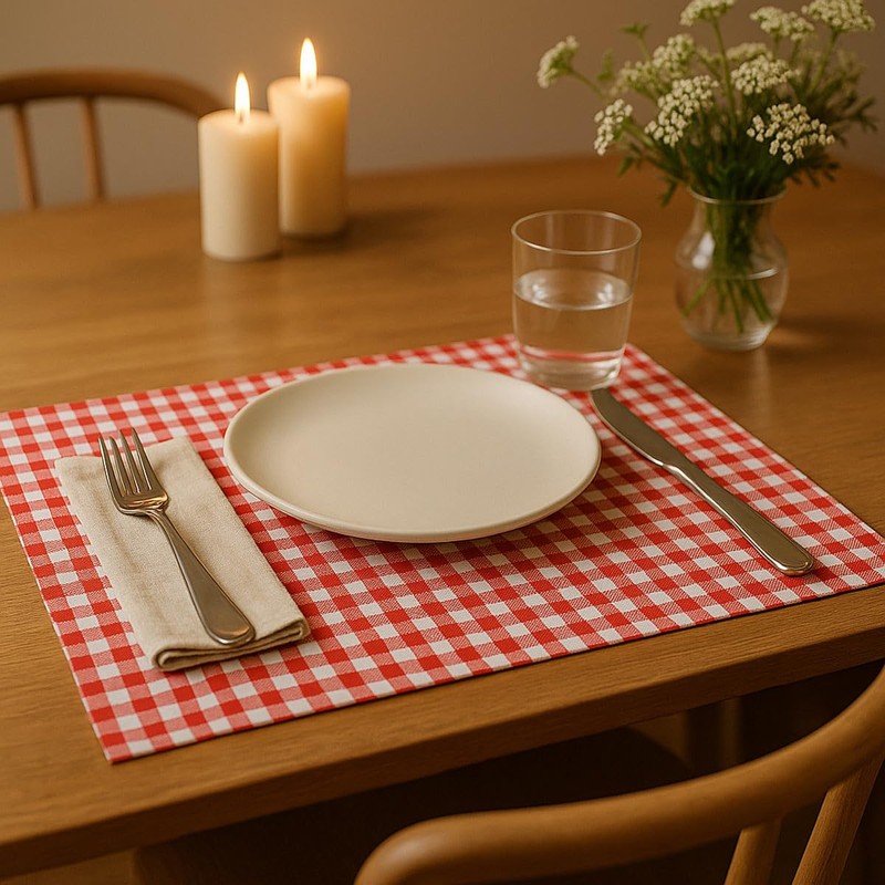 Robust red chequered cotton placemat in chequered vichy pattern with