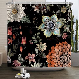 DASHAN Boho Floral Shower Curtains for Bathroom, Vintage Flowers Retro Moody Bathroom Curtain, Abstract Botanical Chic Aesthetic Fabric Waterproof Bath Curtain Decor 72"x72"