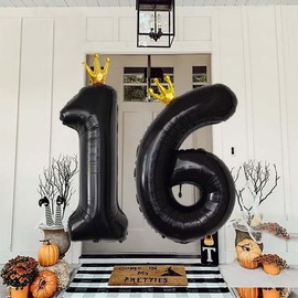 40 Inch Black Crown Number 16 Balloons, 16th Large Foil Helium Balloons,Gold 16th Celebration Decor Happy 16th Birthday Party,16th Birthday Party Decoration Wedding Anniversary Events Supplies