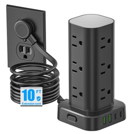 Flat Plug Power Strip Tower Surge Protector, 10FT Flat Extension Cord with Multiple Outlets, 12 AC Outlets, 4 USB Ports (2 USB C) Charging Station for Office Home Dorm Room Travel (Black)