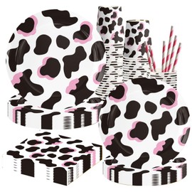 Cow Birthday Party Supplies-Complete Pack Cow Party Tableware Set Including Cow Party Plates Cups Napkins Straws Serves 10 for Cow Theme Birthday Baby Shower Decorations