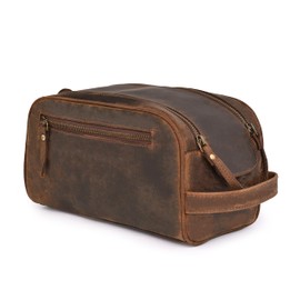 DHAMPOOH Leather Toiletry Bag with Zipper Pockets, Black, 10 x 6 x 4 inches (Distressed Brown, 10X6X6)