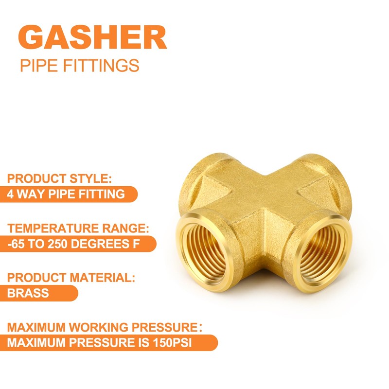 GASHER 2PCS Brass Pipe Fitting, Cross 4 Way Pipe Fitting,