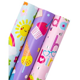 WRAPAHOLIC Girls Birthday Wrapping Paper Roll - 3 Short Rolls - 17 inch x 120 inch Per roll - Fantacy Pink and Purple Happy Birthday Wrapping Paper for Kids Girls Birthday, Baby Shower