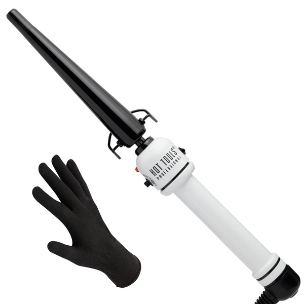 Hot Tools Professional Nano Ceramic Tapered Curling Iron for Shiny Curls, Medium 1/2 to 1 Inch, Black/White