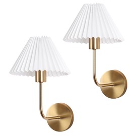 Wireless Wall Sconce Sets of 2, Pleated Shades Rechargeable Battery Operated Wall Sconce, Retro Industrial Gold Wall Lights Bathroom Vanity Sconces, Wall Mounted Lamps for Bedroom Living Room Kitchen