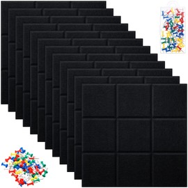 12 Pcs Large 11.8" x 11.8" Felt Bulletin Board for Wall Square Felt Board Tiles with 60 Push Pins Self Adhesive Cork Board Tiles Tack Board for Photos Memos School Home Office Kitchen DIY(Black)