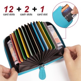 GADIEMKENSD Credit Card Holder RFID Protection Leather Wallet 14 Compartments Card Holder with Zip Case, sky blue, Compact