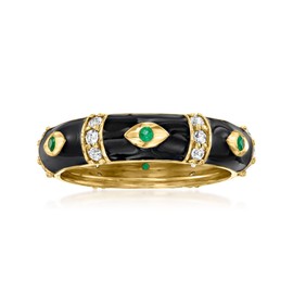 Ross-Simons 0.30 ct. t.w. White Topaz Evil Eye Ring With Emerald Accents and Black Enamel in 18kt Gold Over Sterling. Size 6