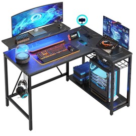 Bestier Gaming Desk with Power Outlets, 42" L-Shaped Gaming Desk with LED Lights, Desk with Reversible Storage Shelves & Hooks for Small Spaces, Bedrooms & Offices (Black Marble)
