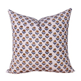 THE Unltd India Floral Decorative Cushion Covers, 50x50 CM Duck Canvas Block Printed Square Cushion case for Sofa and bed, Vintage Pillow for Spring Decor (Mustard)