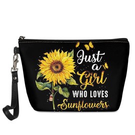 Xhuibop Sunflower Gifts for Women Just A Girl Who Loves Sunflowers Cosmetic Bag Small Cosmetic Pouch for Purse Leather Makeup Bag Zipper Pencil Clutch
