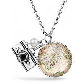 World Globe Chain with Camera and Pearl Necklace 70 cm Hemisphere Pendant 2.5 cm