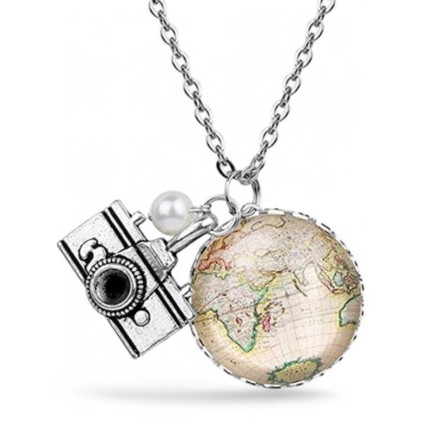 World Globe Chain with Camera and Pearl Necklace 70 cm