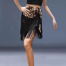 Women's Dance Skirts Ballroom Latin Dance Dress Tango Dance Skirt Apron Tassel Skirt Dance Practice Performance Hip Scarf (Black Leopard Print)